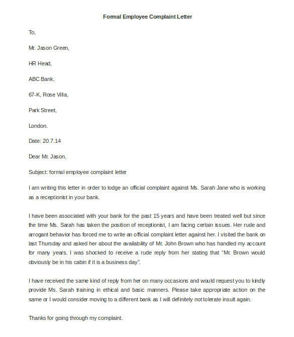 Formal Letter Of Complaint to Employer Template 29 Free Complaint Letter Templates Pdf Doc Free