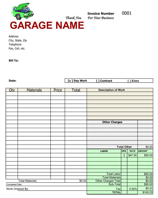 Free Auto Shop Receipt Template Invoice Template for Mechanic Shop Joy Studio Design