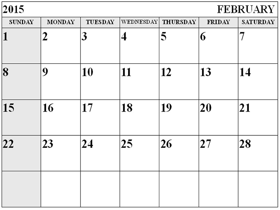 month of february calendar 2015