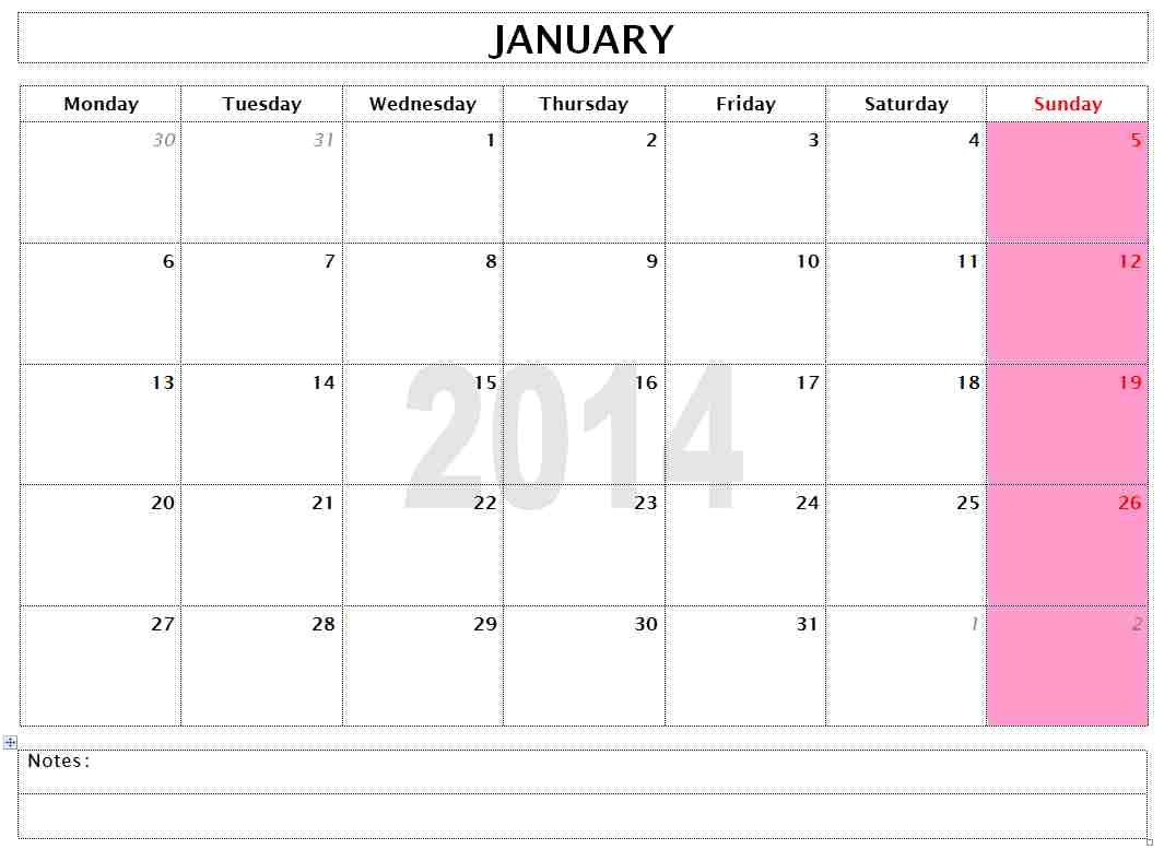 2014 monthly calendar
