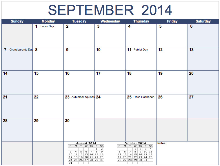 horizontal 2014 monthly calendar template for numbers