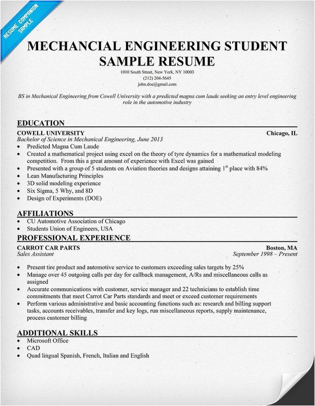 sample resume for fresher mechanical engineering student