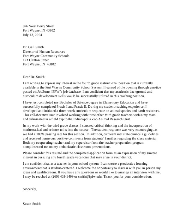 Generic Cover Letter for Teachers 7 Sample Generic Cover Letter Sample Templates