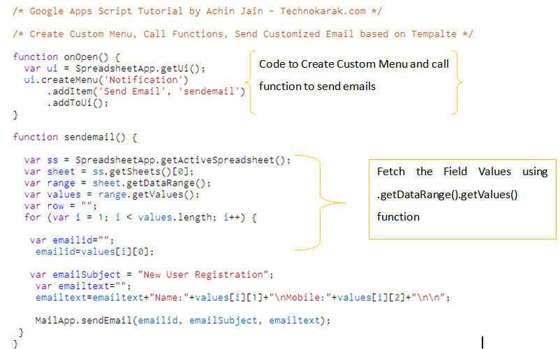 create custom menu function email template google apps script