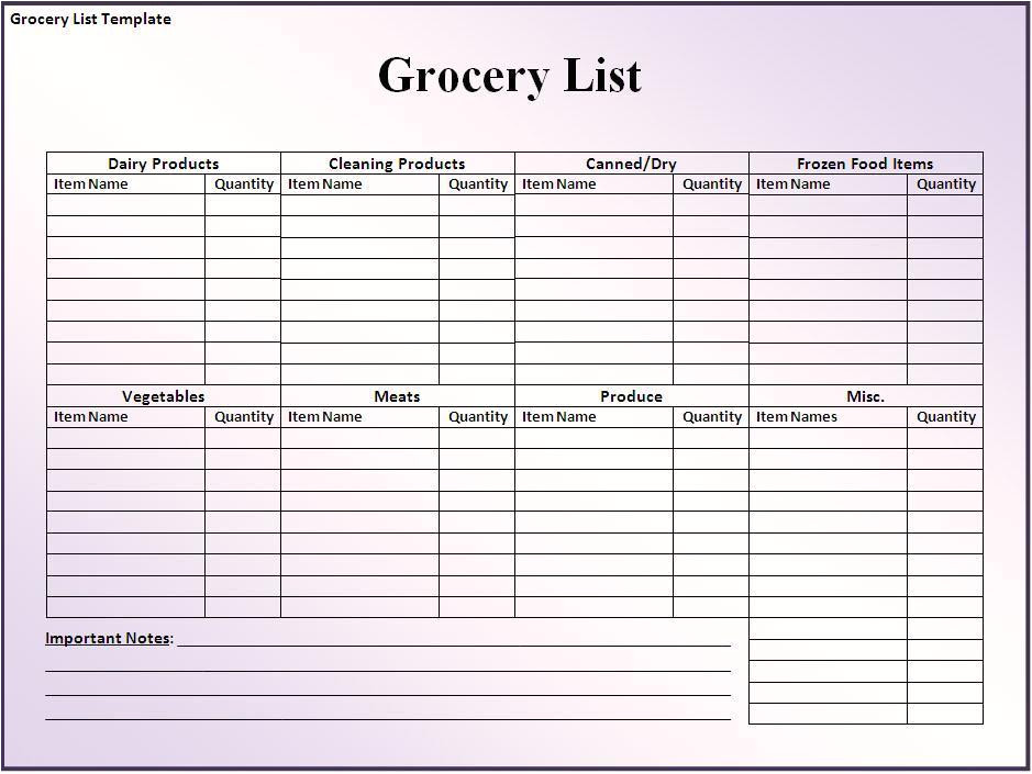 printable grocery list templates