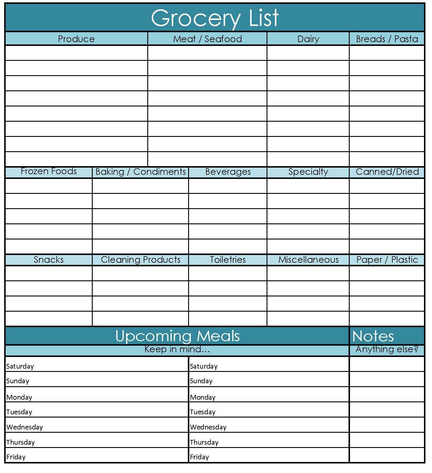 printable grocery list template word excel