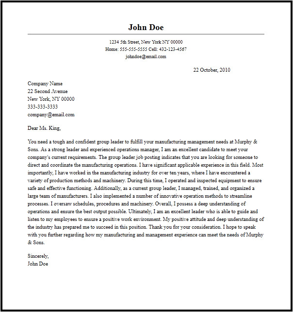 Group Leader Cover Letter Professional Group Leader Cover Letter Sample Writing
