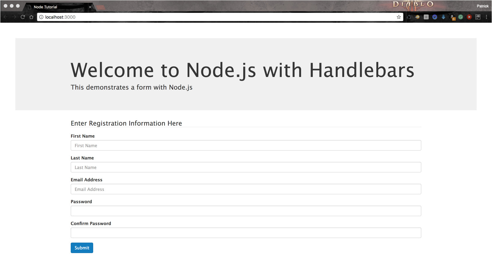 use handlebars and express in node js