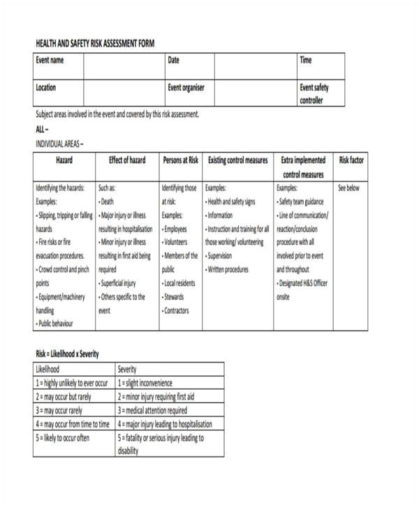 health and safety risk assessment form