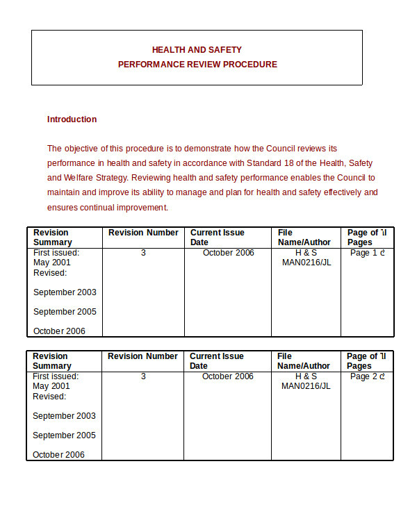 Health and Safety Review Template Performance Review Example 9 Free Word Excel Pdf