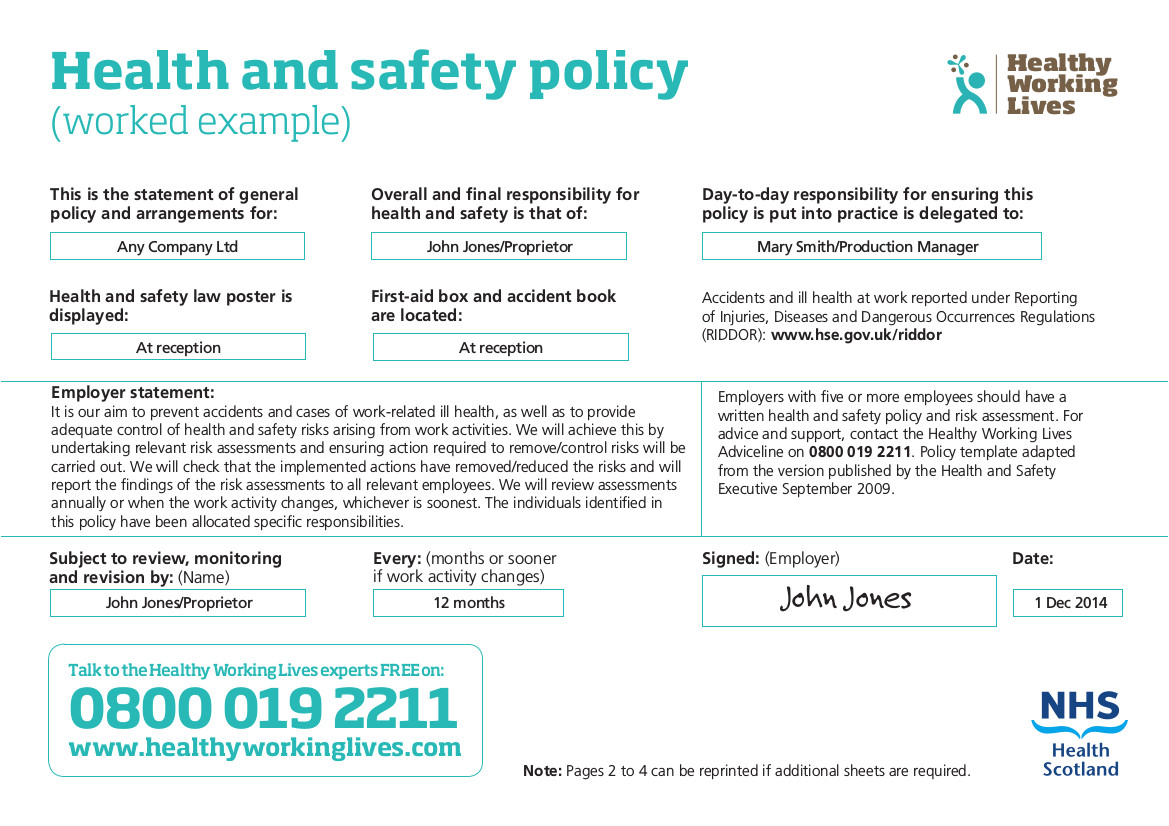 health safety policy examples