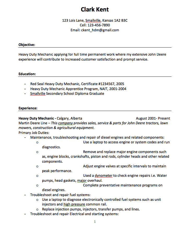 Heavy Duty Mechanic Resume Sample Heavy Duty Mechanic Resume Sample Free Resume Sample