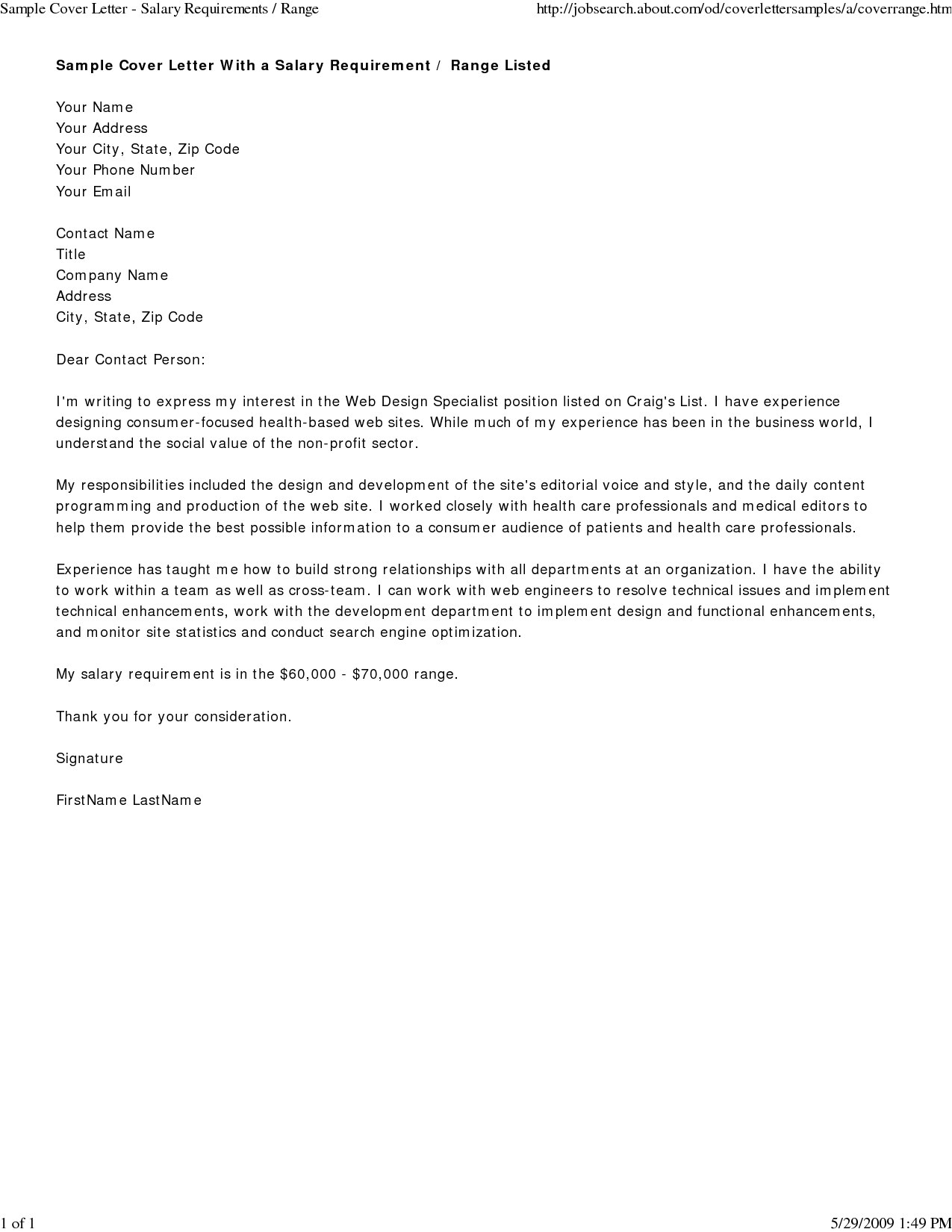 How to ask for A Salary In A Cover Letter Salary Request In Cover Letter the Letter Sample