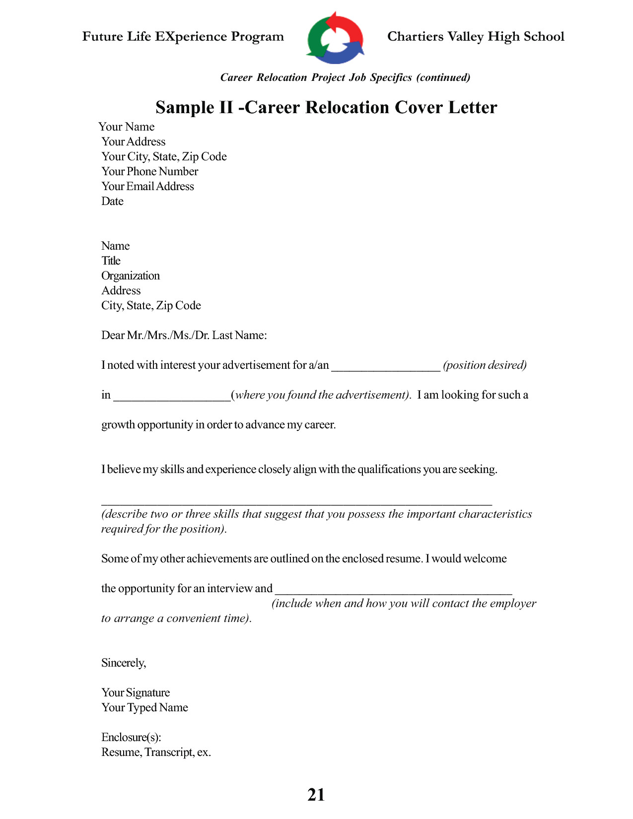 cover letter for job relocation sample