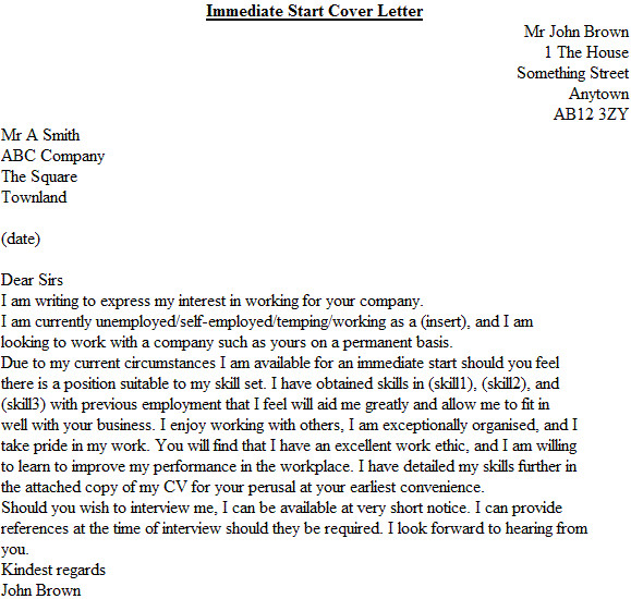How to Start A Covering Letter Uk Immediate Start Cover Letter Example Icover org Uk