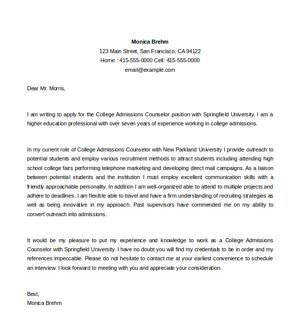 admission counselor cover letter
