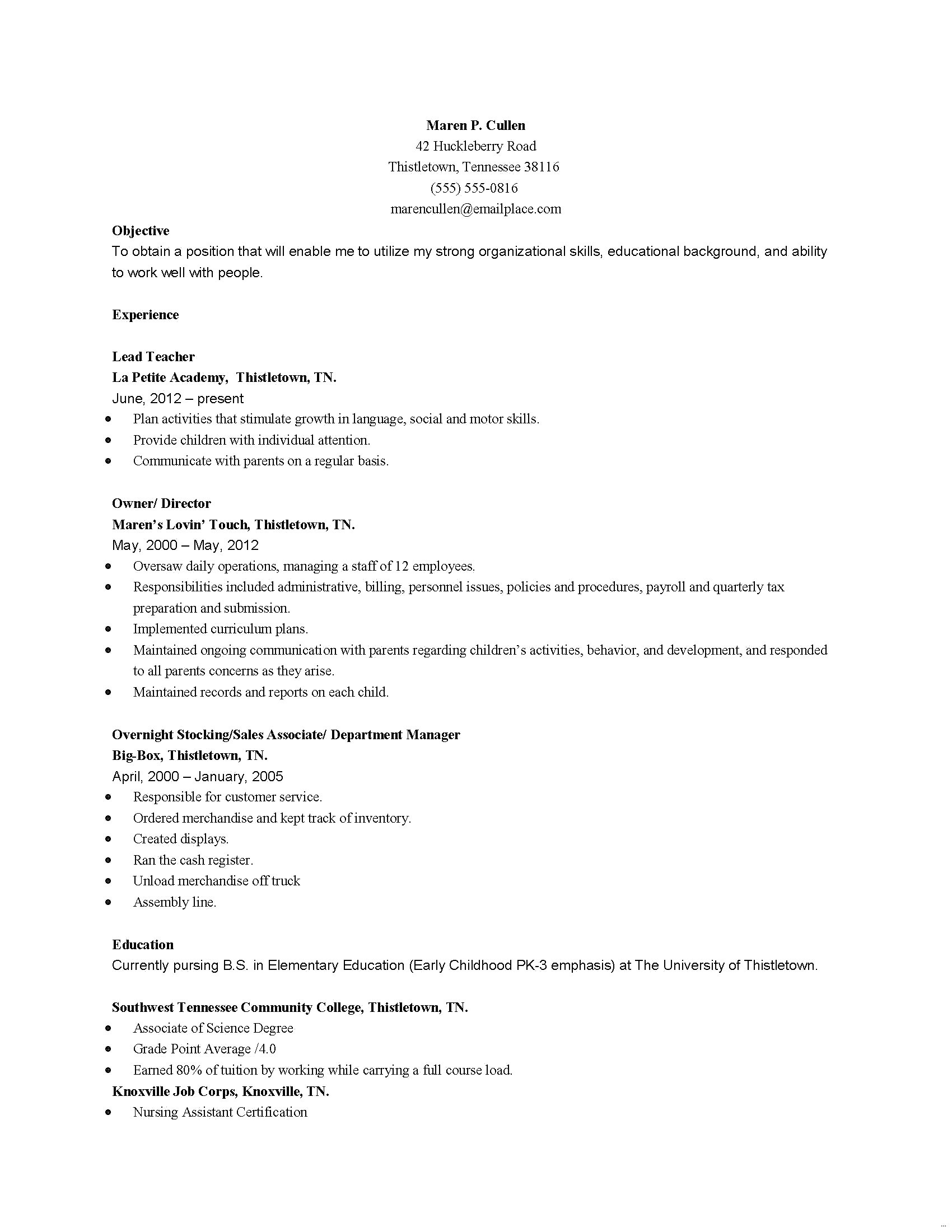 early childhood education resume cover letter