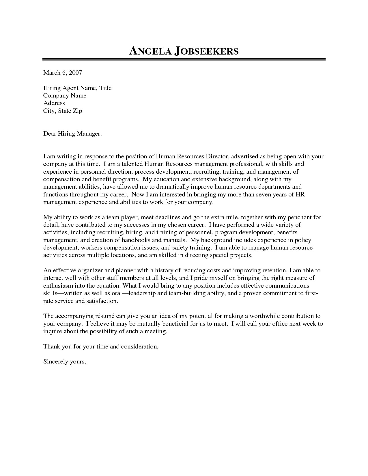 sample letter to human resources