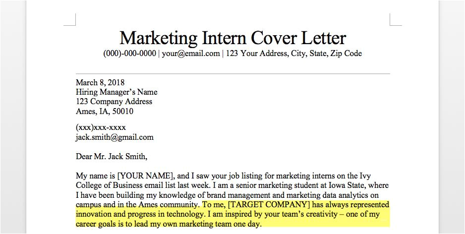 marketing intern cover letter sample