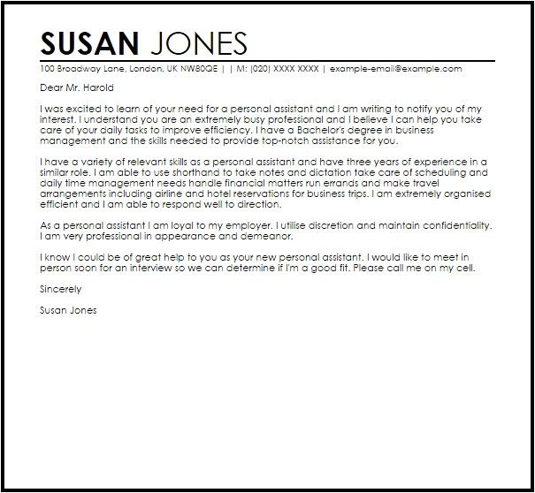 How to Write A Cover Letter for Personal assistant Personal assistant Cover Letter Sample the Letter Sample