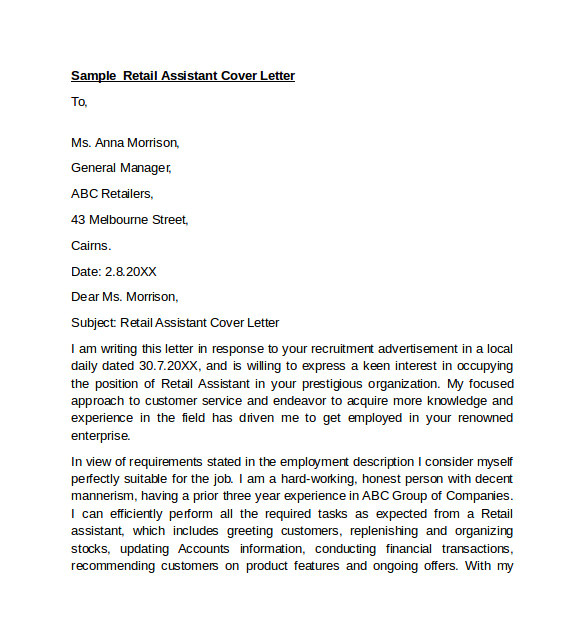 sample retail cover letter template example