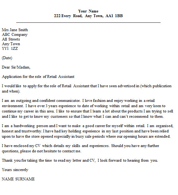 How to Write A Cover Letter for Retail assistant Retail assistant Cover Letter Example Icover org Uk