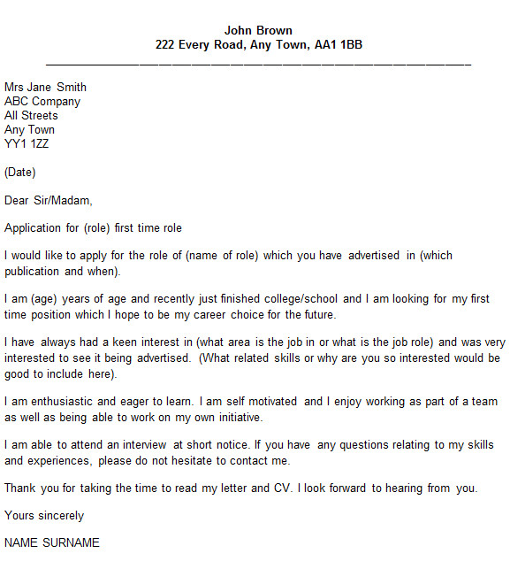 first time job cover letter example