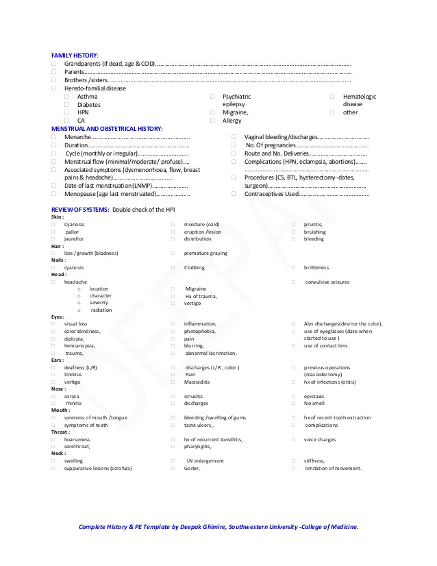 classical medical history and physical examination template
