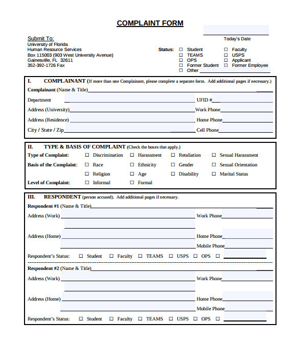 Human Resource forms and Templates 23 Hr Complaint forms Free Sample Example format