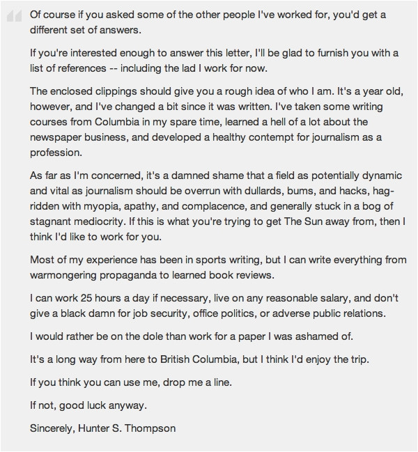 Hunter S Thompson Cover Letter Hunter S Thompson Cover Letter the Letter Sample
