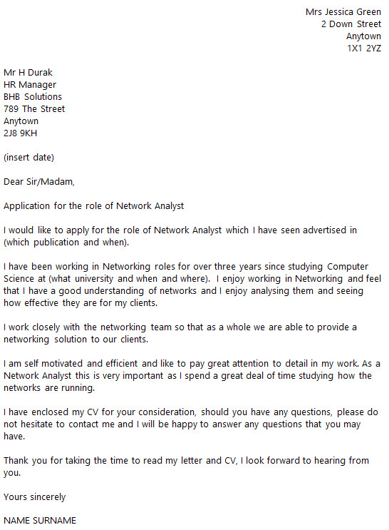 network analyst cover letter example