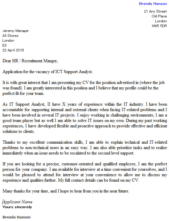 Ict Officer Cover Letter Ict Support Analyst Cover Letter Example Icover org Uk
