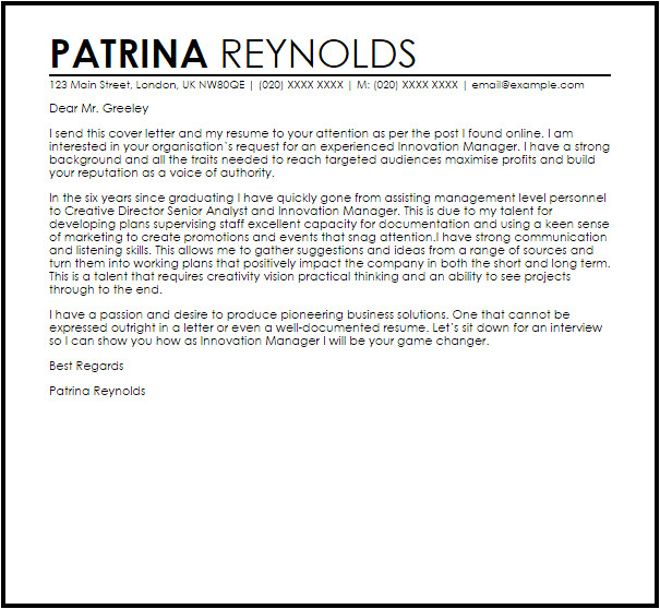 Innovative Cover Letters Innovation Manager Cover Letter Sample Cover Letter