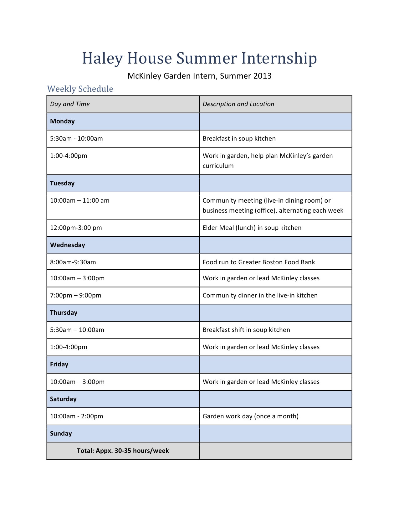 Internship Schedule Template Internships Haley House