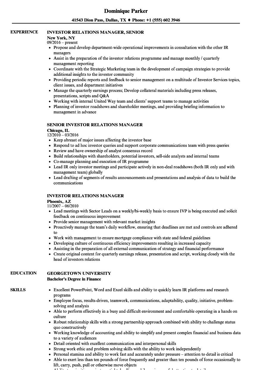 Investor Relations Resume Sample Investor Relations Manager Resume Samples Velvet Jobs