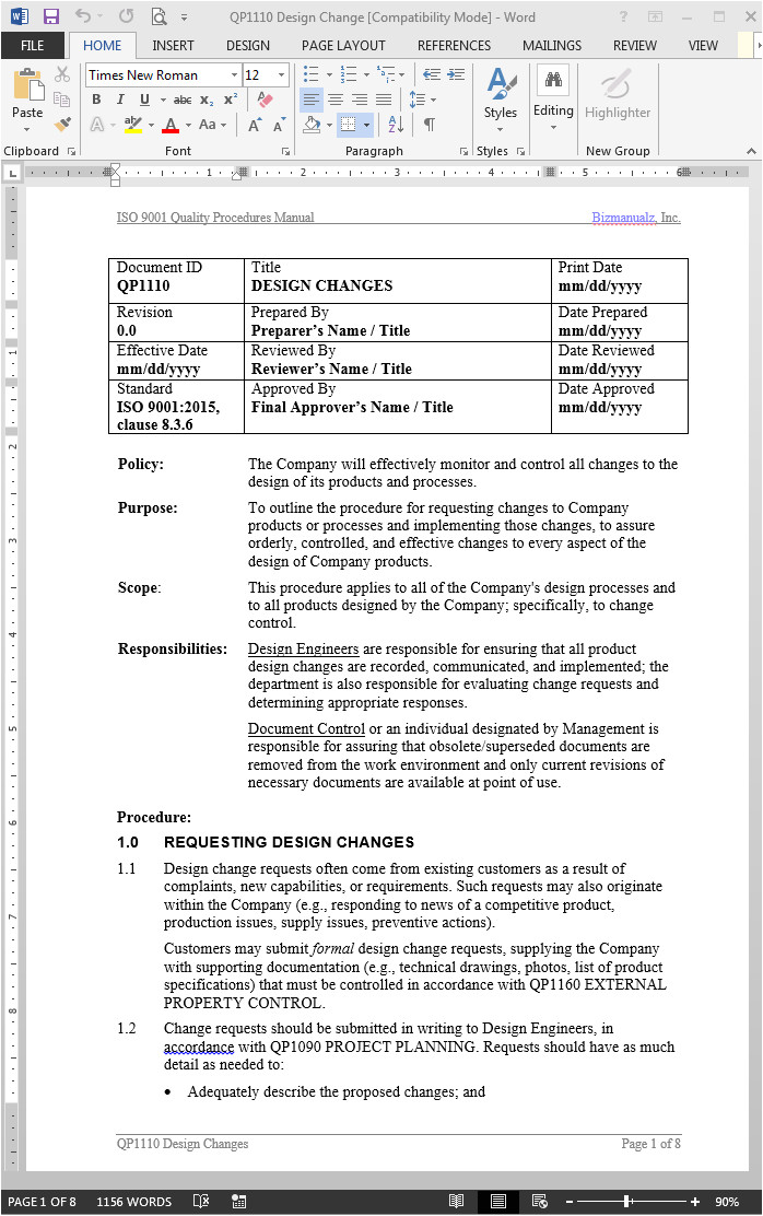 Iso 9001 Procedures Templates Design Change Procedure iso 9001 2015