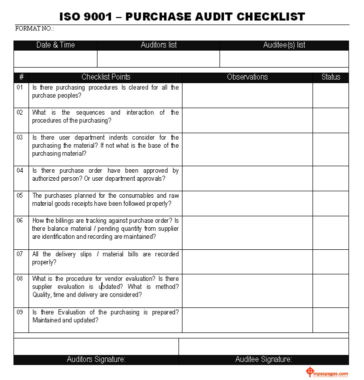 iso 9001 purchase audit checklist
