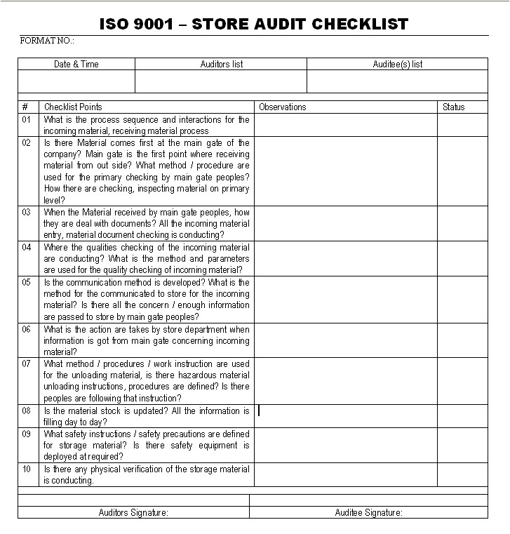 iso 9001 store audit checklist