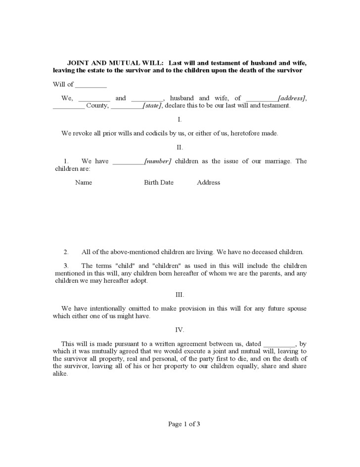 Joint Will and Testament Template Joint and Mutual Will form Sample Free Download
