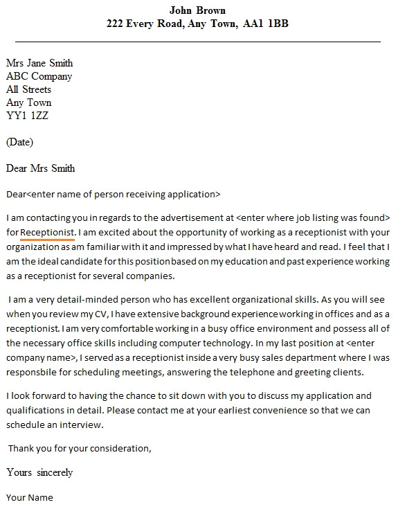cover letter for receptionist job