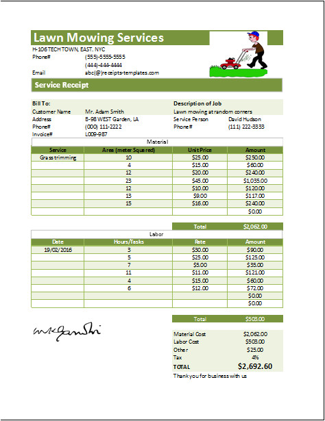 Landscaping Receipt Template Ms Excel Printable Lawn Mowing Receipt Template Receipt