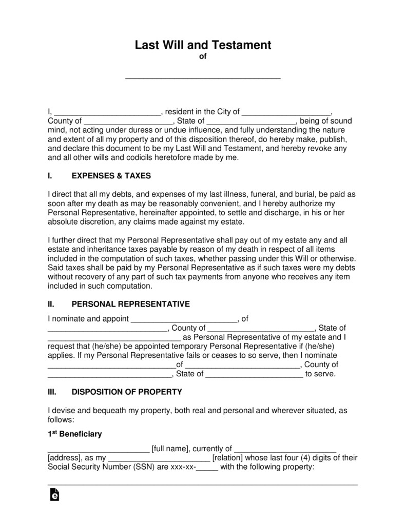 Last Wills and Testaments Free Templates Last Will and Testament Templates A Will Eforms