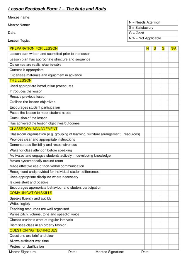 Lesson Plan Feedback Template Lesson Feedback form 1 and 2
