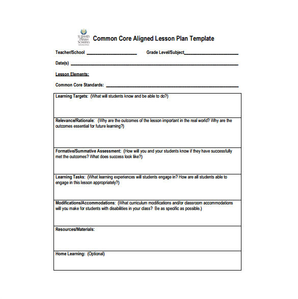 weekly lesson plan template with common core standards