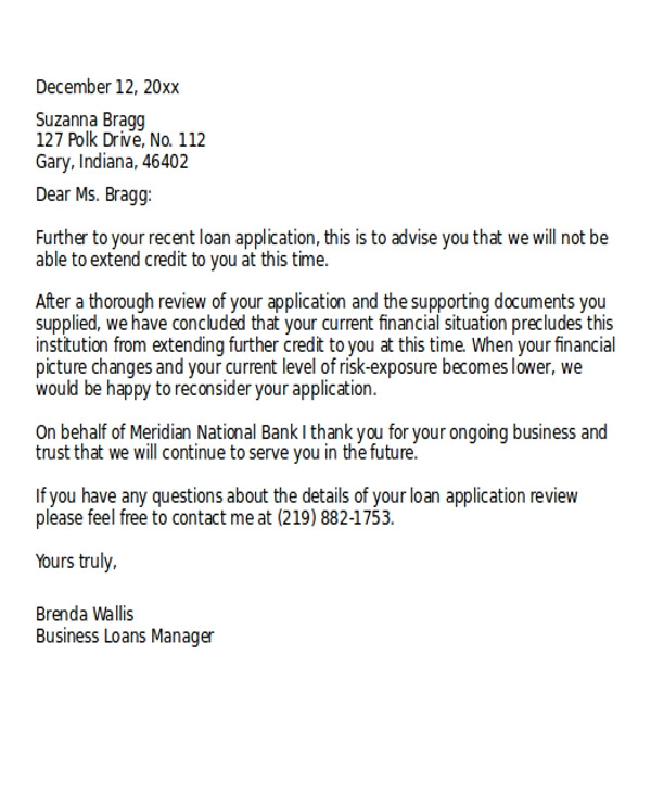 Loan Denial Letter Template Loan Rejection Letter Templates 7 Free Word Pdf format