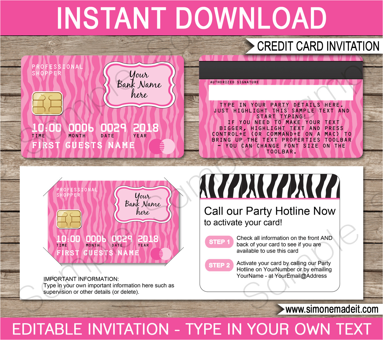 credit card invitations template pink
