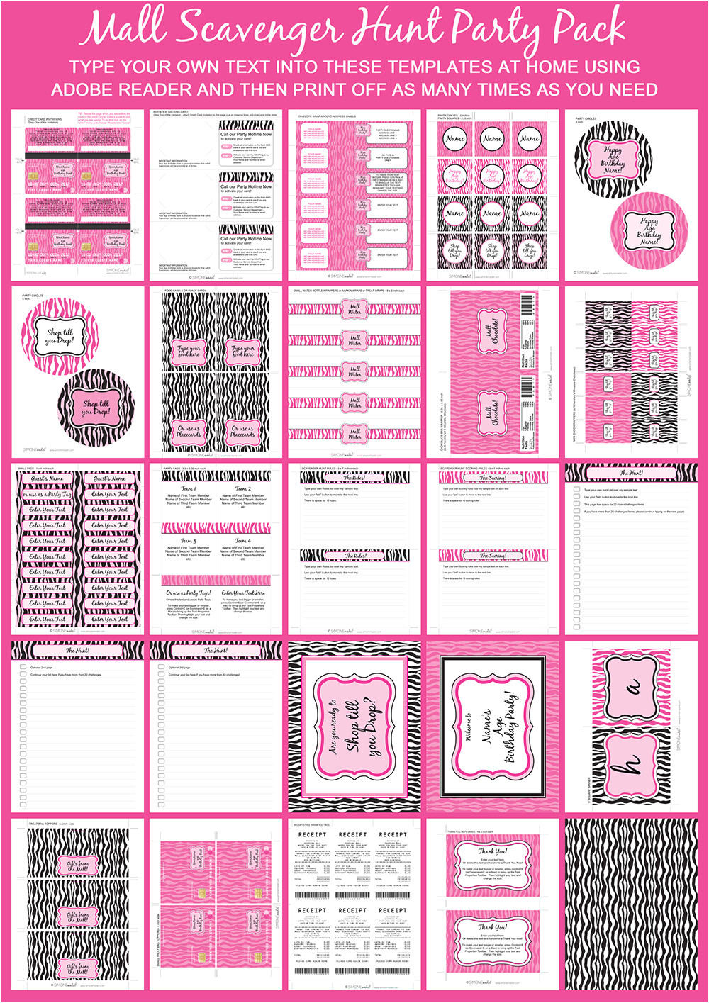 mall scavenger hunt party printables invitations