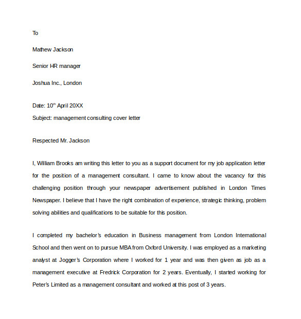 Management Consultancy Cover Letter 10 Consulting Cover Letter Templates to Download Sample