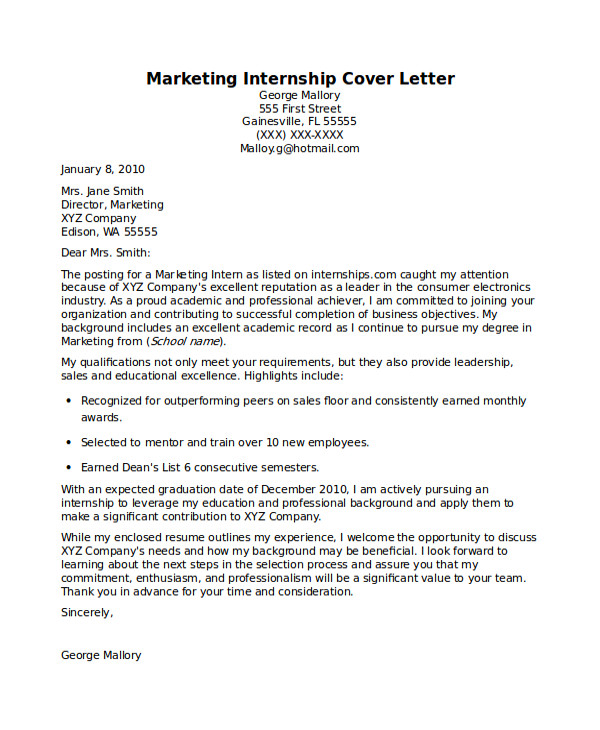 internship cover letter