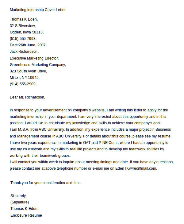 Marketing Internships Cover Letter Cover Letters for Internship 7 Free Word Pdf Documents